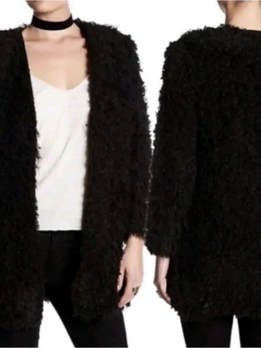 Vertigo Paris Black Faux Fur Open-Front Cardigan-NWT